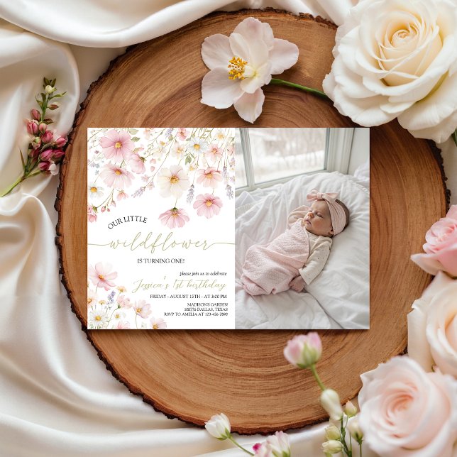 Vildblomma 1-års födelsedagsfoto-inbjudan inbjudningar (Skapare uppladdad)
