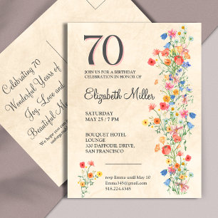 Vildblomma 70-års födelsedags elegant fest inbjudan vykort