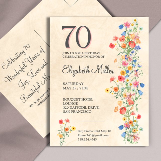 Vildblomma 70-års födelsedags elegant fest inbjudan vykort (Skapare uppladdad)
