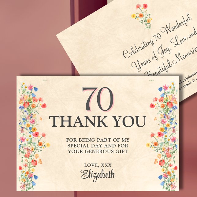 Vildblomma 70-årsfödelsedag Elegant Tacksamhet Tack Kort (Skapare uppladdad)