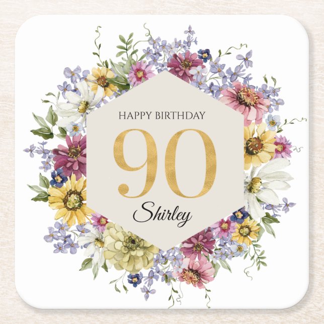 Vildblomma 90-årsdag Personlig Underlägg Papper Kvadrat (Framsidan)