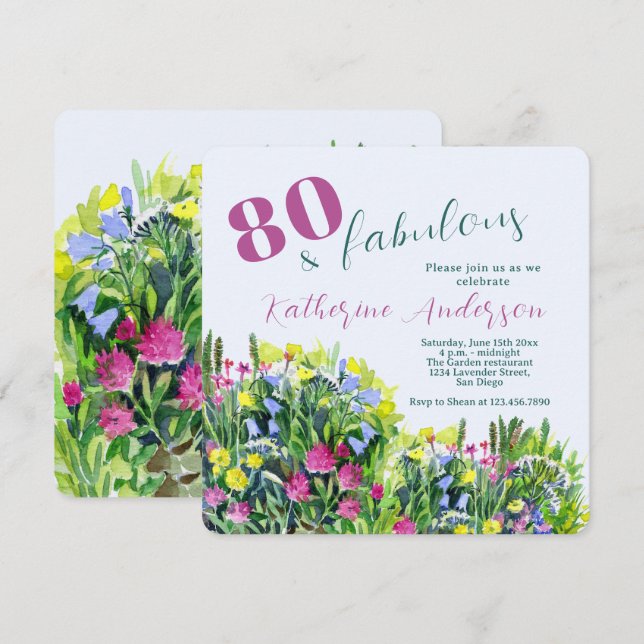 Vildblomma Akvarell – 80 och fantastisk födelsedag Inbjudningar (Fram/baksida)
