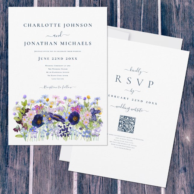Vildblomma Akvarell Blå QR-kod Bröllop Inbjudningar (Blue wildflowers meadow watercolor wedding invitation with elegant typography script QR code rsvp)