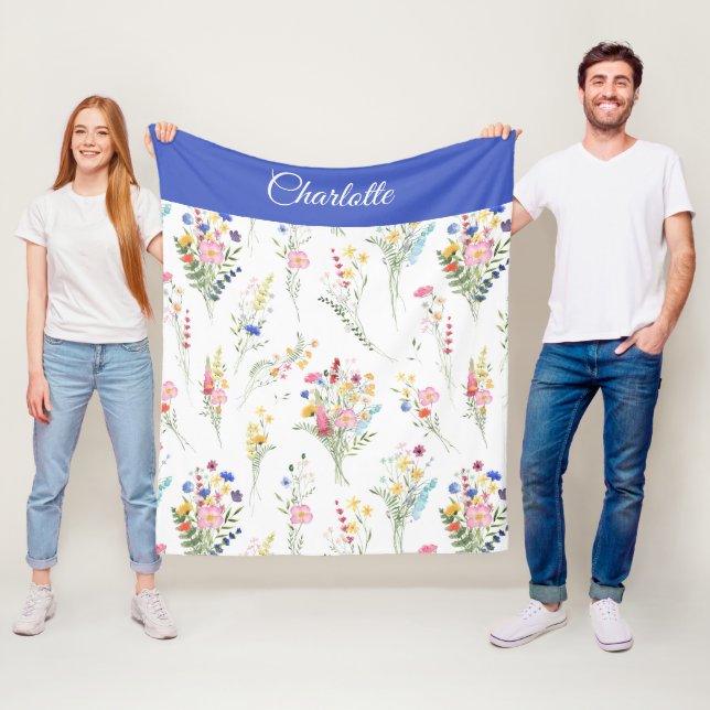 Vildblomma Akvarell Blommönster Namn Fleecefilt (På plats)