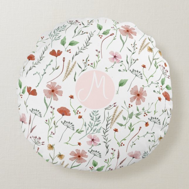 Vildblomma akvarell boho vintage blommönster rund kudde (Framsidan)