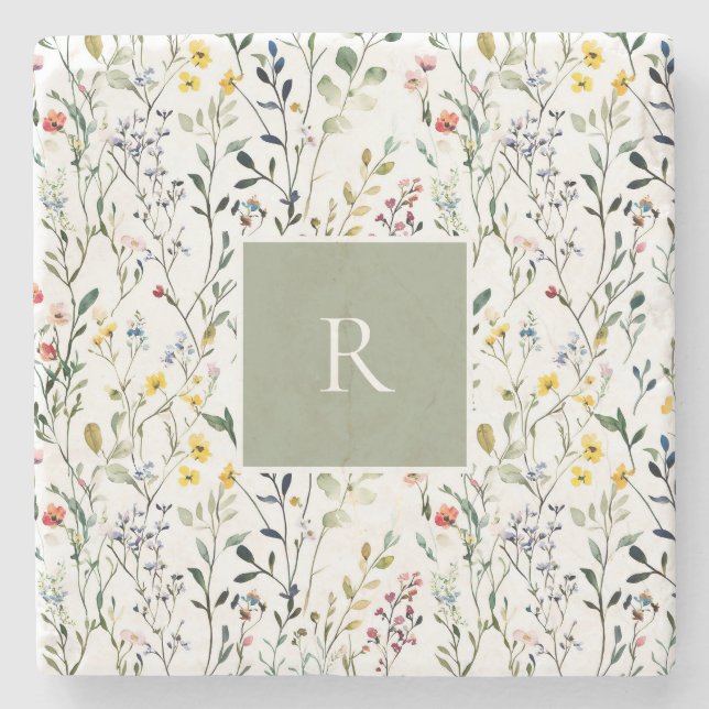 Vildblomma Akvarell Botanisk Monogram  Stenunderlägg (Framsidan)
