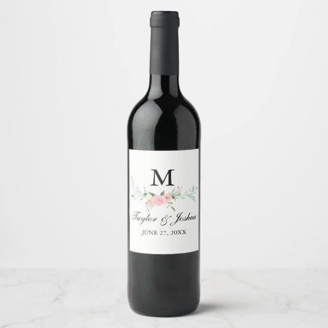 Vildblomma Akvarell Bröllops Vin Etikett (Framsida)