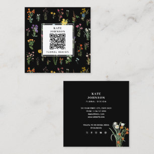 Vildblomma Akvarell Svart Blommig Designer Boho Fyrkantigt Visitkort