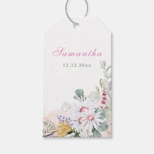 Vildblomma Baby i Bloom Baby Shower Tack tack Presentetikett (Framsidan)