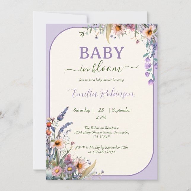 Vildblomma Baby I Knopp Dusty Violett Bebis Badrum Inbjudningar (Framsida)