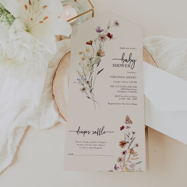 Vildblomma Baby Shower Allt-i-ett-inbjudan (Watercolor Boho Wildflower Baby Shower All In One Invite by Painted Paperie
)