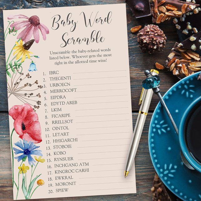 Vildblomma Baby Shower Babyns Förvrängda Ord Spel (Baby Word Scramble Baby Shower Game from my Wildflower Charm collection)