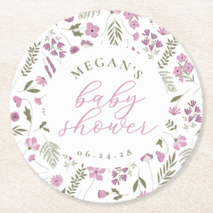 Vildblomma Baby Shower Coasters - Rosa Underlägg Papper Rund