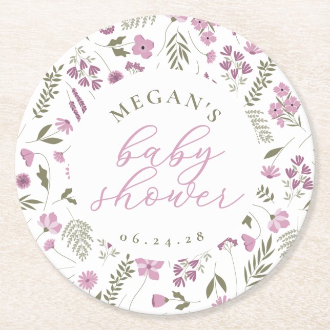 Vildblomma Baby Shower Coasters - Rosa Underlägg Papper Rund (Framsidan)