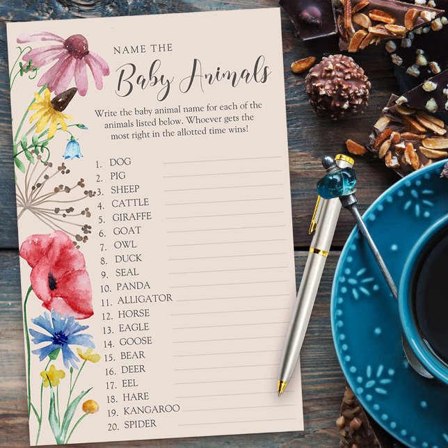 Vildblomma Baby Shower Djur Namn Quiz Spel (Baby Animals Baby Shower quiz game from my Wildflower Charm collection)