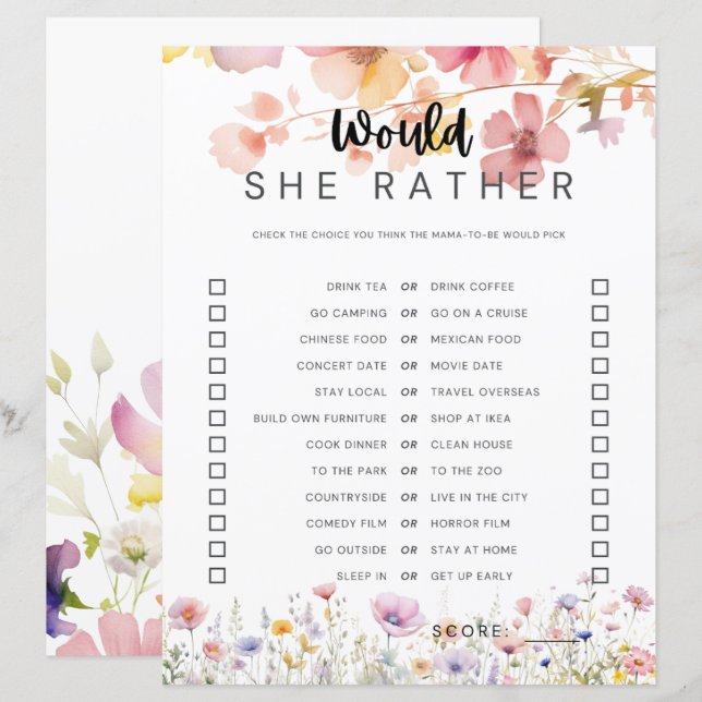 Vildblomma baby shower-spel "Skulle hon hellre" (Fram/baksida)