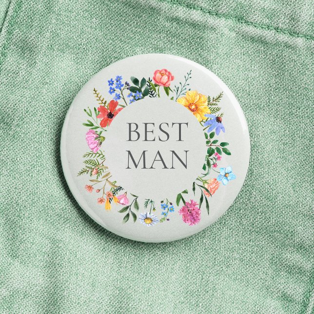 Vildblomma Bästeman Bröllop  Knapp (Best Man Wildflower Watercolor Floral Wreath Wedding Button
)
