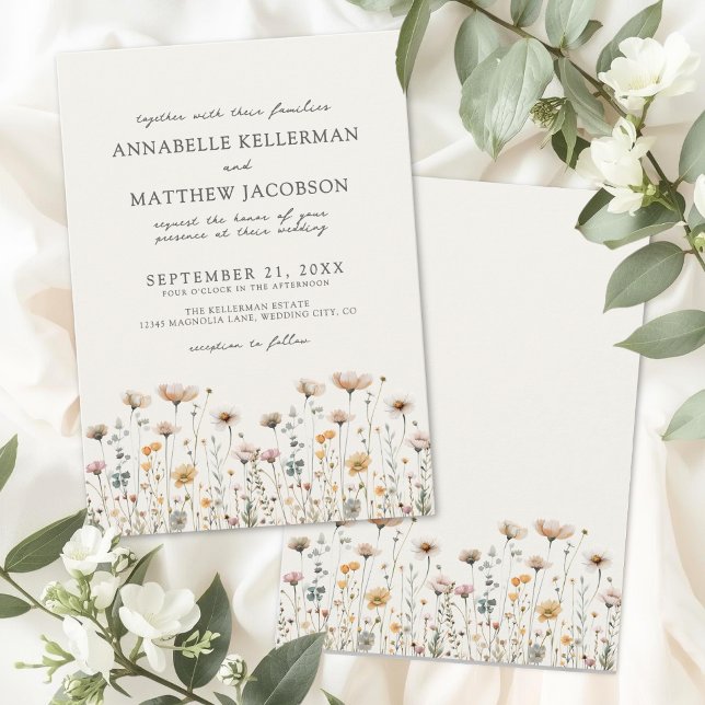 Vildblomma Beige Boho Blommig Bröllop Inbjudningar (Wildflower Beige Boho Floral Wedding Invitation)