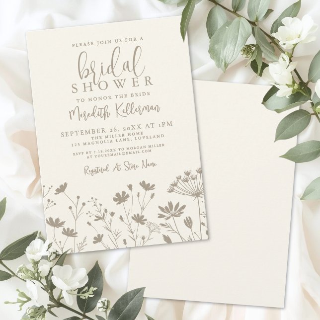 Vildblomma Beige Elfenbensfärgad Bröllopsdusch Inbjudningar (Wildflower Beige Ivory Bridal Shower Invitation)