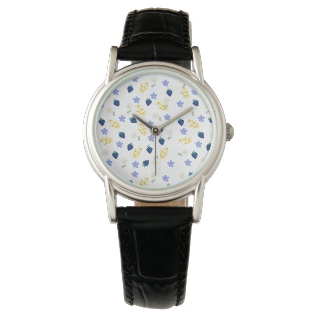 Vildblomma & Björnbärsblommönster Armbandsur (Framsida)