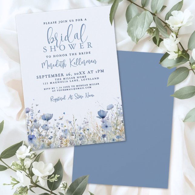 Vildblomma Blå Blommig Bröllopsdusch Inbjudningar (Wildflower Blue Floral Bridal Shower Invitation)