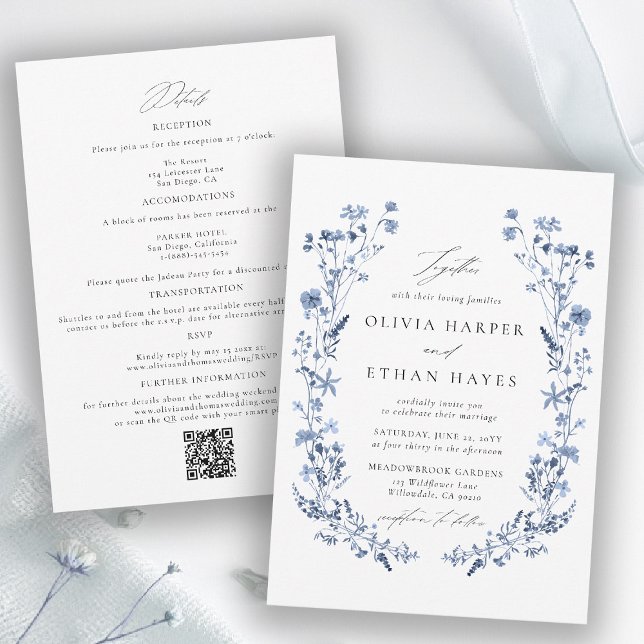 Vildblomma Blå Blommig Trädgård QR-kod Bröllop Inbjudningar (wildflower wedding theme blue invitation watercolor garden backyard barn summer spring all in one qr)