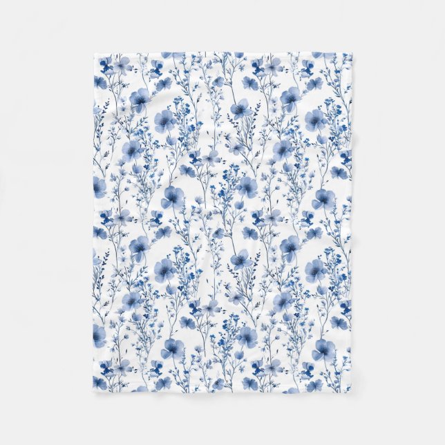 Vildblomma Blå Vit Akvarell Blommig Fleecefilt (Framsidan)