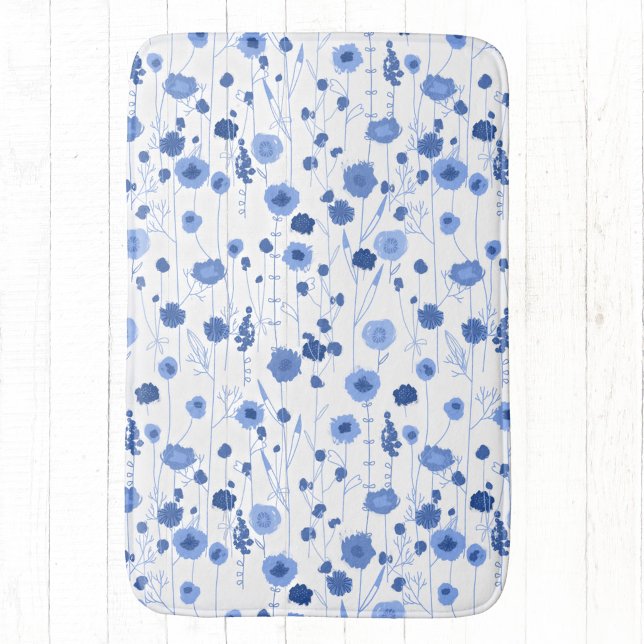 Vildblomma Blå Vit Botanisk Konst Badrumsmatta (Blue and white wildflower art bath mat)