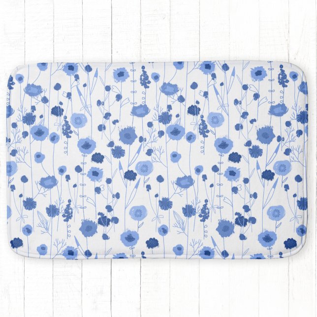 Vildblomma Blå Vit Botanisk Konst Badrumsmatta (Blue and white wildflower art bath mat)