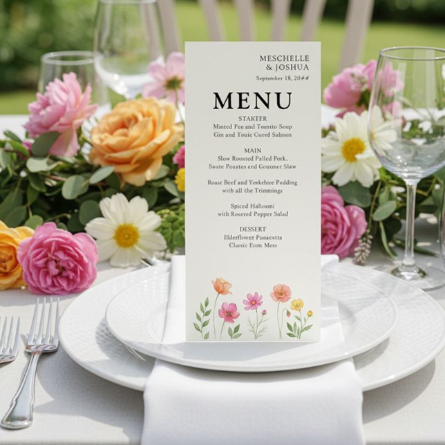 Vildblomma Blommande Rosa Orange Blommig Bröllopsm Meny (Pretty Menu from the Wildflower Bloom wedding collection by Darling & May)
