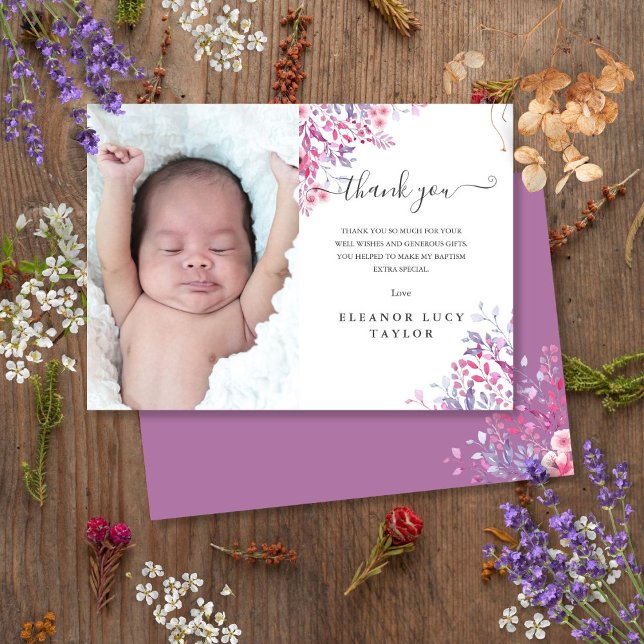 Vildblomma Blommig Dop Dop Fotografi Tack Kort (Wildflower Floral Baptism Christening Photo Thank You Card)