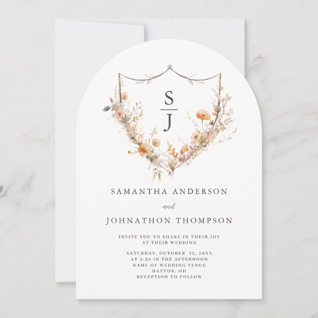 Vildblomma Blommig Kam Wedding Monogram Inbjudningar (Framsida)