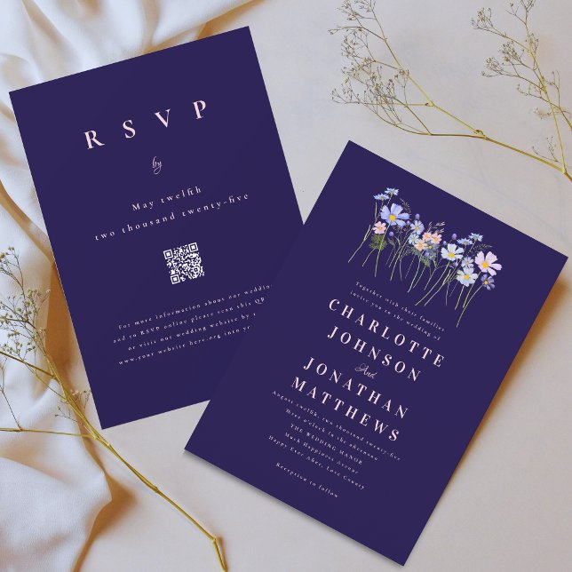 Vildblomma Blommig Marinblå Rosa Bröllops QR-kod Inbjudningar (Elegant wildflower meadow watercolor floral navy blue blush pink wedding qr code invitation )