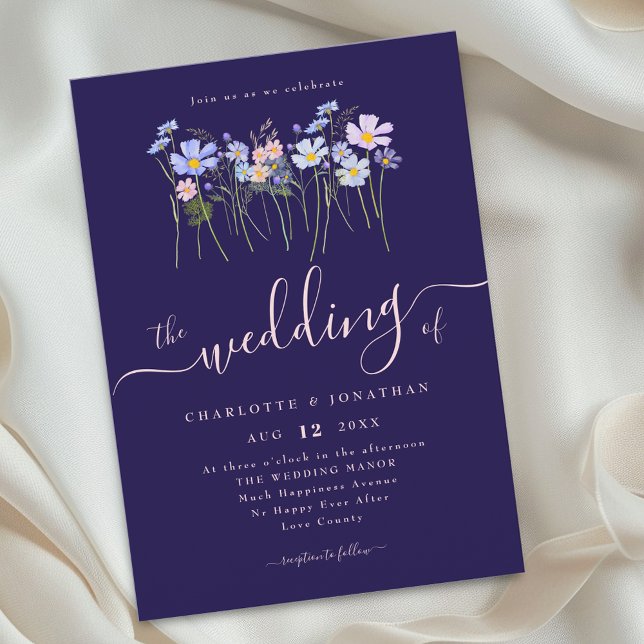 Vildblomma Blomsterguide Marinblå Rosa Bröllop Inbjudningar (Elegant watercolor wildflower meadow navy blue blush pink floral wedding invitation)