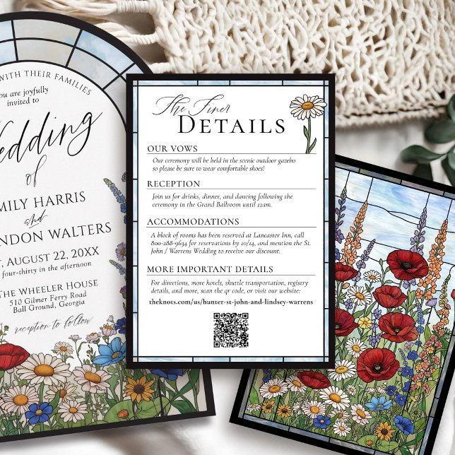 Vildblomma Blyskt Glas Blommig Bröllopsdetalj Tilläggskort (Elegant modern wildflower stained glass unique poppy daisy sunflower wedding invitation details card)