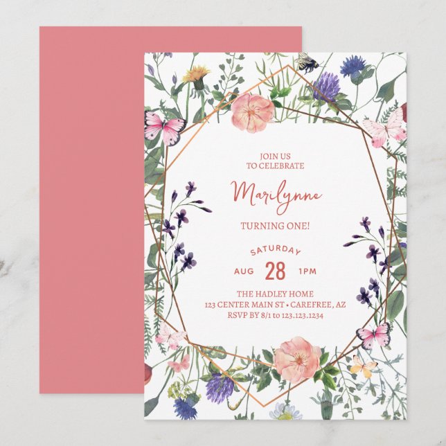 Vildblomma Boho 1-års inbjudan (Fram/baksida)