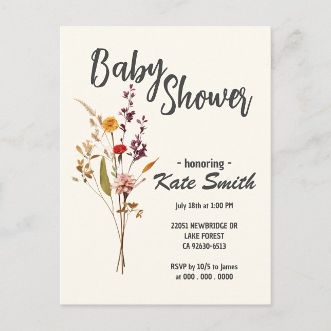 Vildblomma Boho Baby Shower Inbjudan Vykort (Framsida)