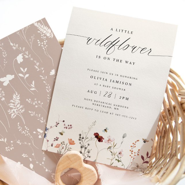 Vildblomma Boho Baby Shower Trädgård Elegant Inbjudningar (Elegant Boho Wildflower Baby Shower Invitation with Bees)
