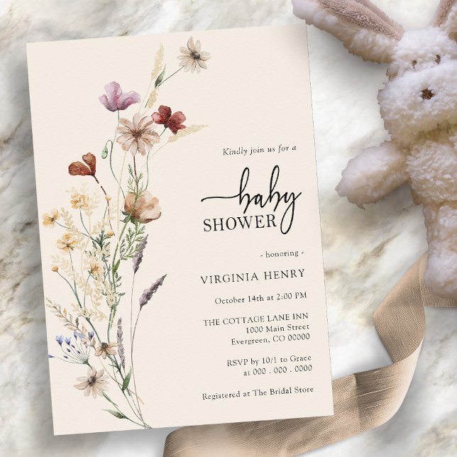 Vildblomma Boho Babyfirande Inbjudningar (Elegant Wildflower Boho Baby Shower Invitation by Painted Paperie
)