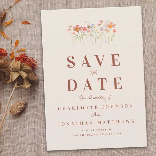 Vildblomma Boho Beige Terrakotta Rost Bröllop Spara Datumet (Elegant boho Wildflower meadow beige Wedding save the date card)