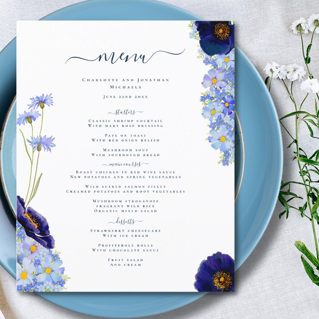 Vildblomma Boho Blå Bröllop (Elegant wildflower summer floral blue wedding menu with modern typography script)