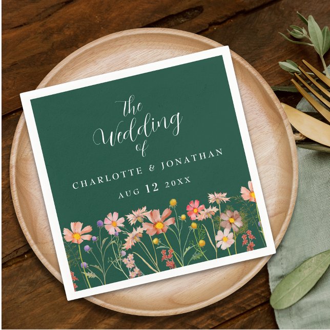 Vildblomma Boho Blommig Grön Bröllop Pappersservett (Personalized Wildflower boho floral green & elegant white script Wedding napkins meadow flowers)