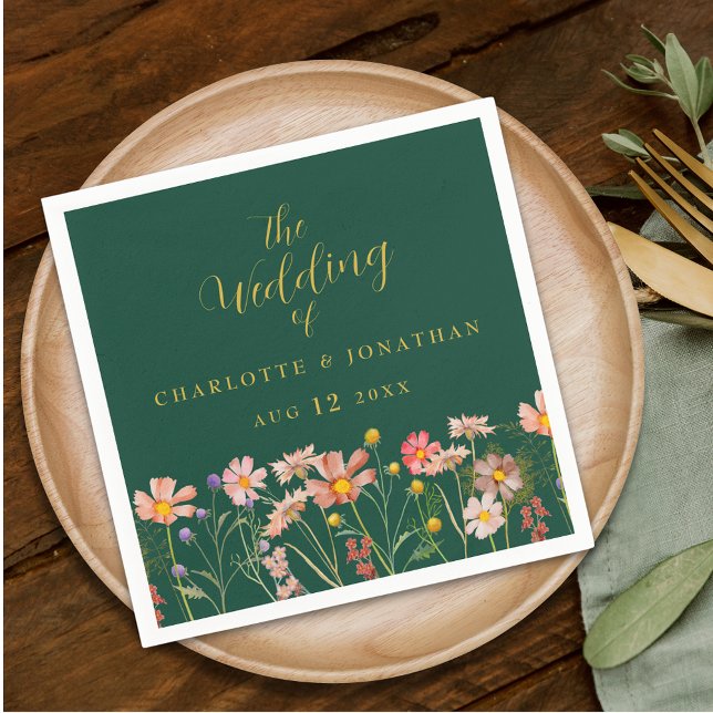 Vildblomma Boho Blommig Grön Guld Bröllop Pappersservett (Elegant Wildflower boho floral green & gold Wedding napkins watercolor meadow flowers)
