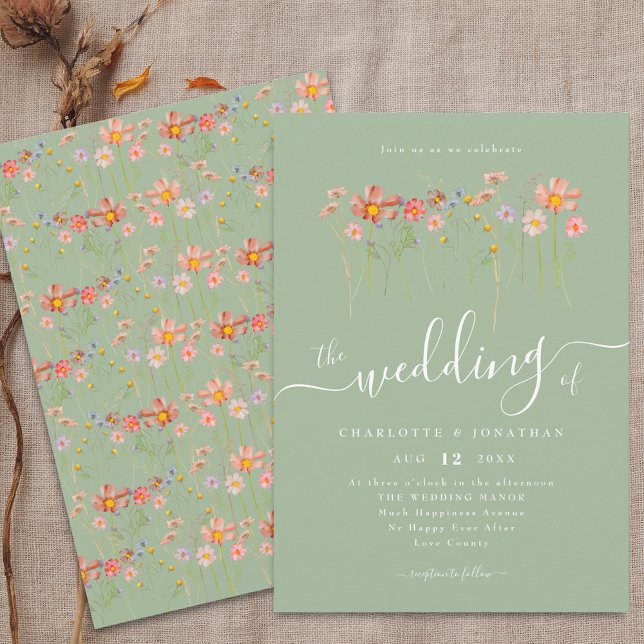 Vildblomma Boho Blommig Höst Salvia Grön Inbjudningar (Wildflower floral sage green Wedding invitation Watercolor meadow flowers elegant modern script)