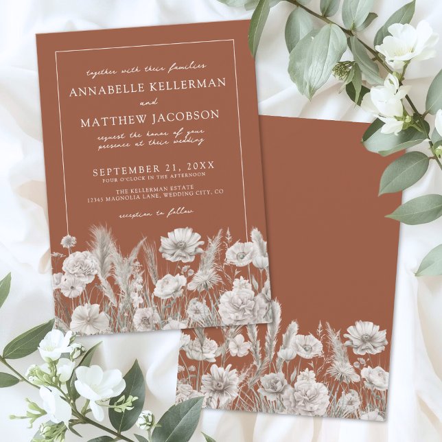 Vildblomma Boho Bränd Orange Bröllop Inbjudningar (Wildflower Boho Burnt Orange Wedding Invitation )