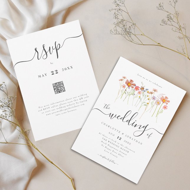 Vildblomma Boho Bröllop QR-kod Inbjudningar (Colorful wildflower boho wedding qr code invitation Whimsical elegant script watercolor meadow)