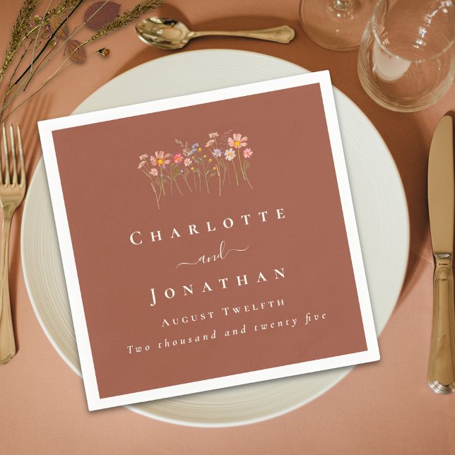 Vildblomma Boho Höst Blommig Anpassad Bröllop Pappersservett (Elegant modern Wildflower boho fall floral terracotta Wedding custom napkin)