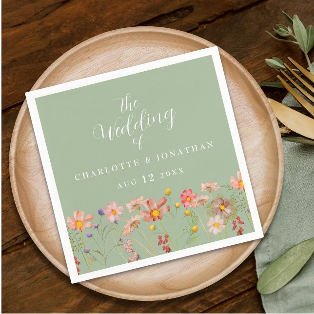 Vildblomma Boho Höst Blommig Salvia Grön Bröllop Pappersservett (Personalized Wildflower boho floral sage green & white Wedding napkins watercolor garden meadow)