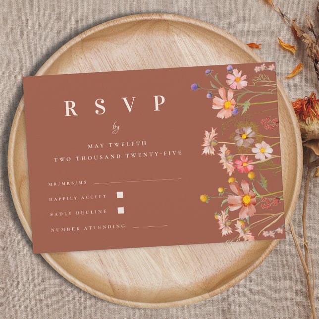 Vildblomma Boho Höst Blommig Terrakotta Bröllop OSA Kort (Wildflower boho fall floral terracotta rust qr code Wedding RSVP card Autumn garden meadow flowers )