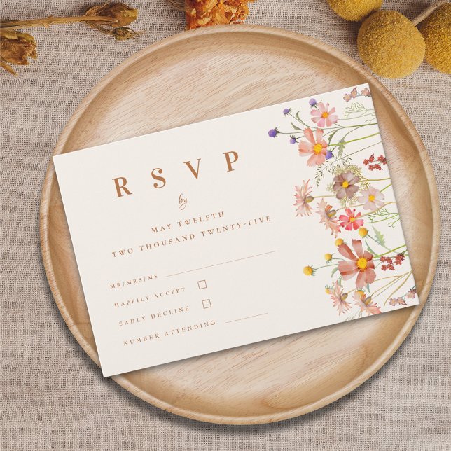 Vildblomma Boho Höst Blommig Terrakotta Bröllop OSA Kort (Boho fall Wildflower Wedding rsvp card terracotta burnt orange beige watercolor autumn flowers )